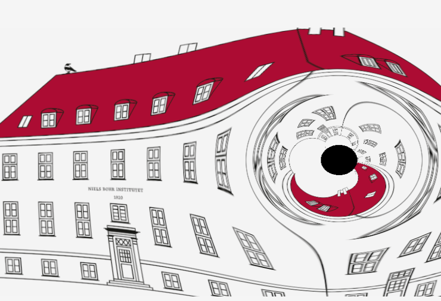 Illustration of the Niels Bohr Institute being swallowed by a black hole.