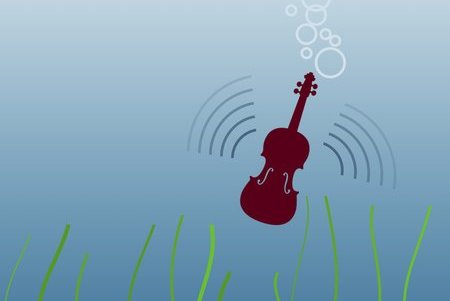 Illustration of a violin underwater emitting waves
