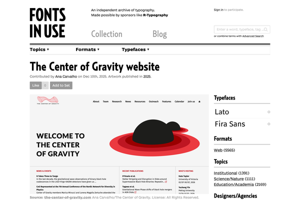 Screenshot of The Center of Gravity website at Fonts In Use