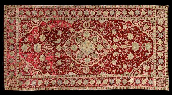 Embroidered Panel, Iran, late 16th–early 17th century, velvet, cotton, and metal-wrapped thread, the Hossein Afshar Collection. (Credit: Houston Museum of Fine Arts)