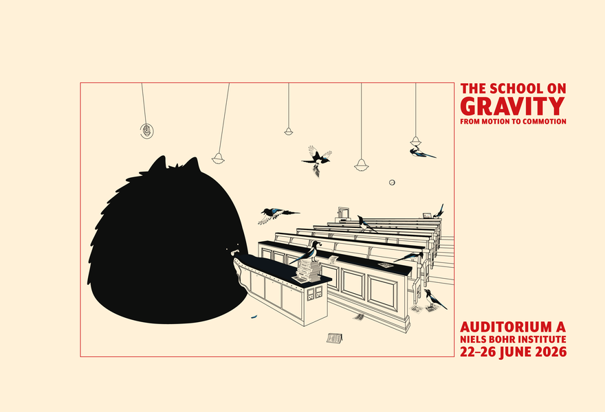 Illustration of magpies in Auditorium A of the Niels Bohr Institute