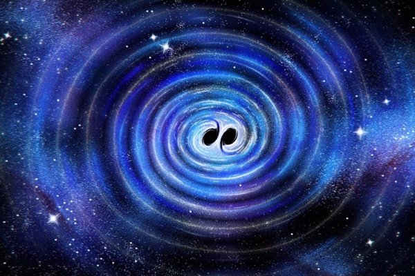 Image of two black holes merging emitting gravitational waves