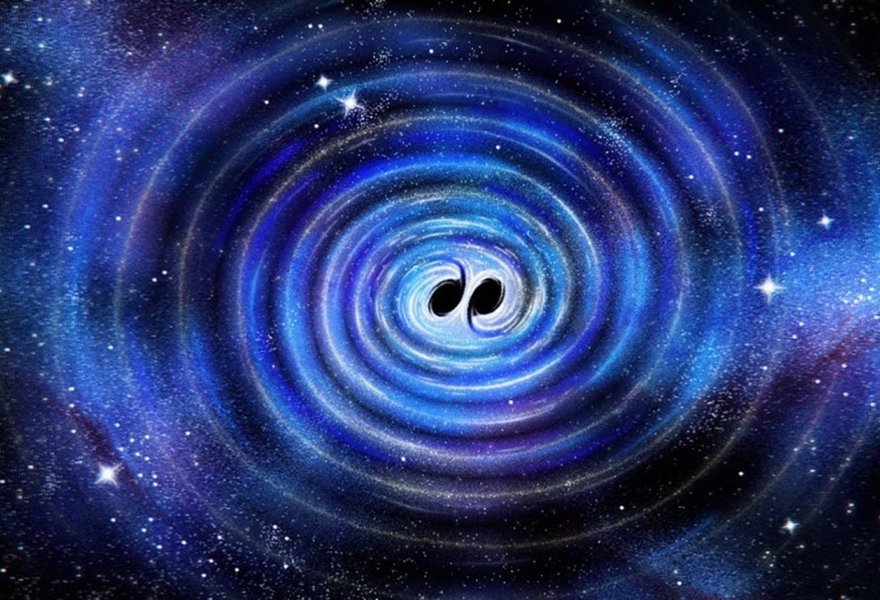 Image of two black holes merging emitting gravitational waves