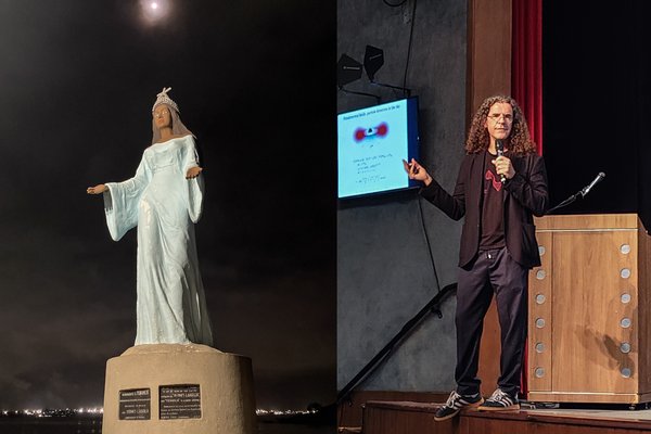 On the left: Statue to Iemanjá, goddess (or orixá) of the sea, and (on the right) Vitor Cardoso during his talk in Vitória