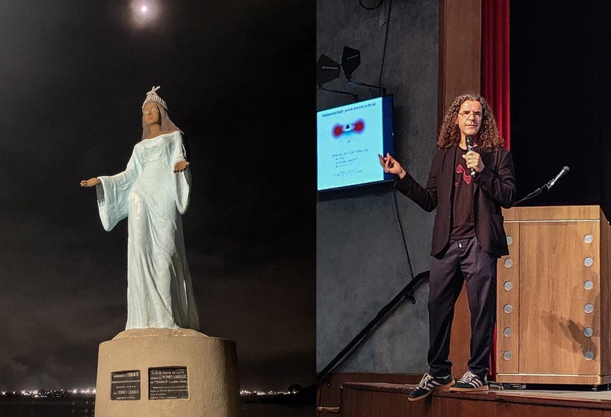 On the left: Statue to Iemanjá, goddess (or orixá) of the sea, and (on the right) Vitor Cardoso during his talk in Vitória